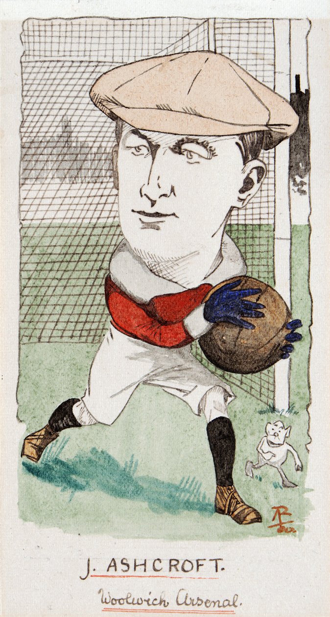 Jimmy Ashcroft, Woolwich Arsenal, tegning til et sæt cigaretkort, 1907 (pen og blæk på kort) af Rip
