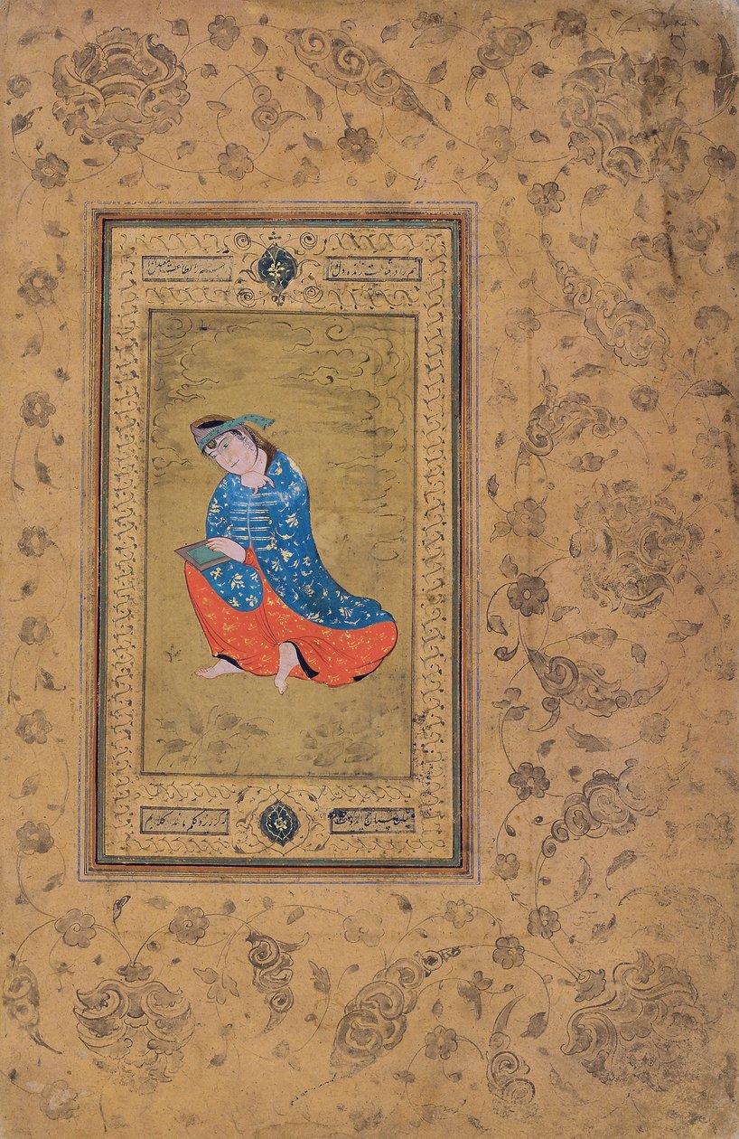 En prinsesse i blåt og orange, ca. 1575 (ugennemsigtigt wc på papir) af Riza i Abbasi
