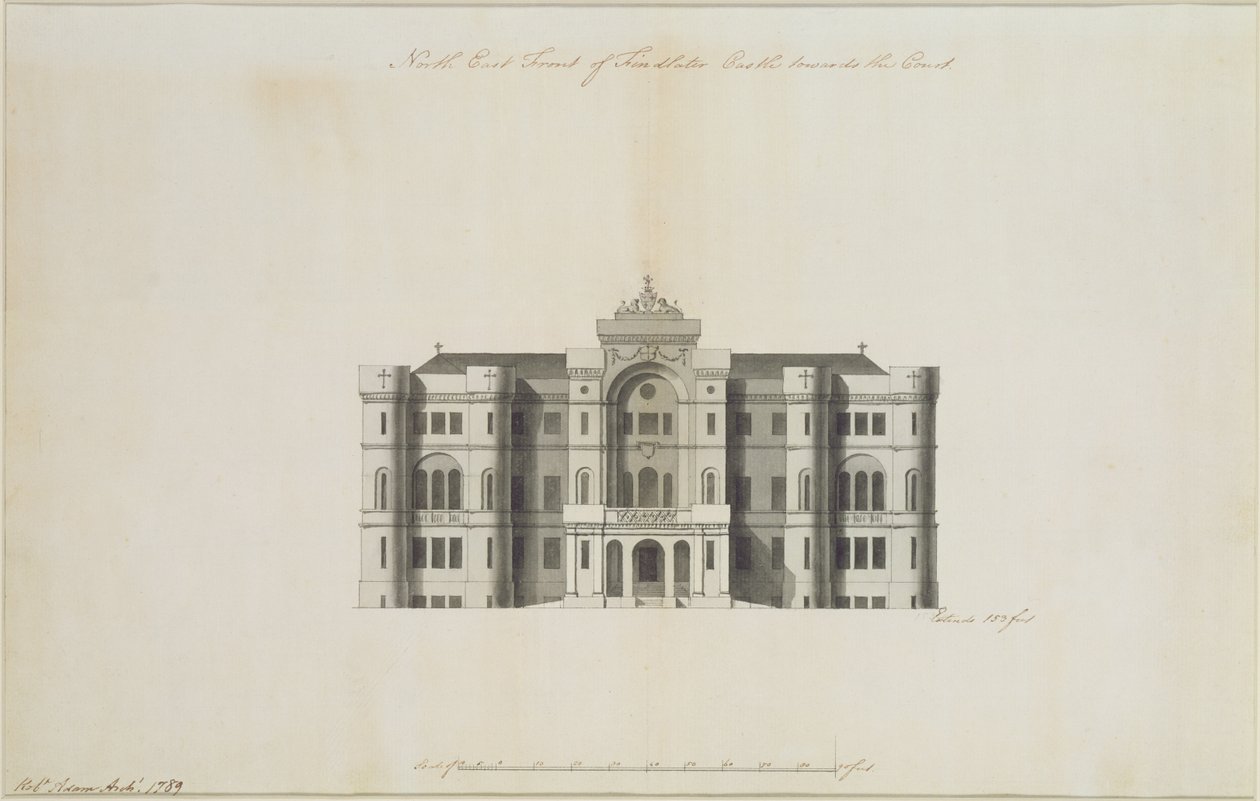 Et uudført design til North East Front of Findlater Castle, for Earl of Seafield, 1789 (blæk og vask på papir) (se også 273035) af Robert Adam