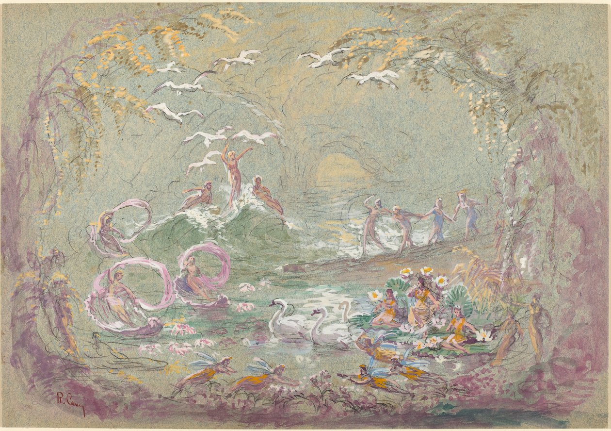 Søscene med feer og svaner (akvarel og gouache over sort kridt på blå-grøn tavle af Robert Caney