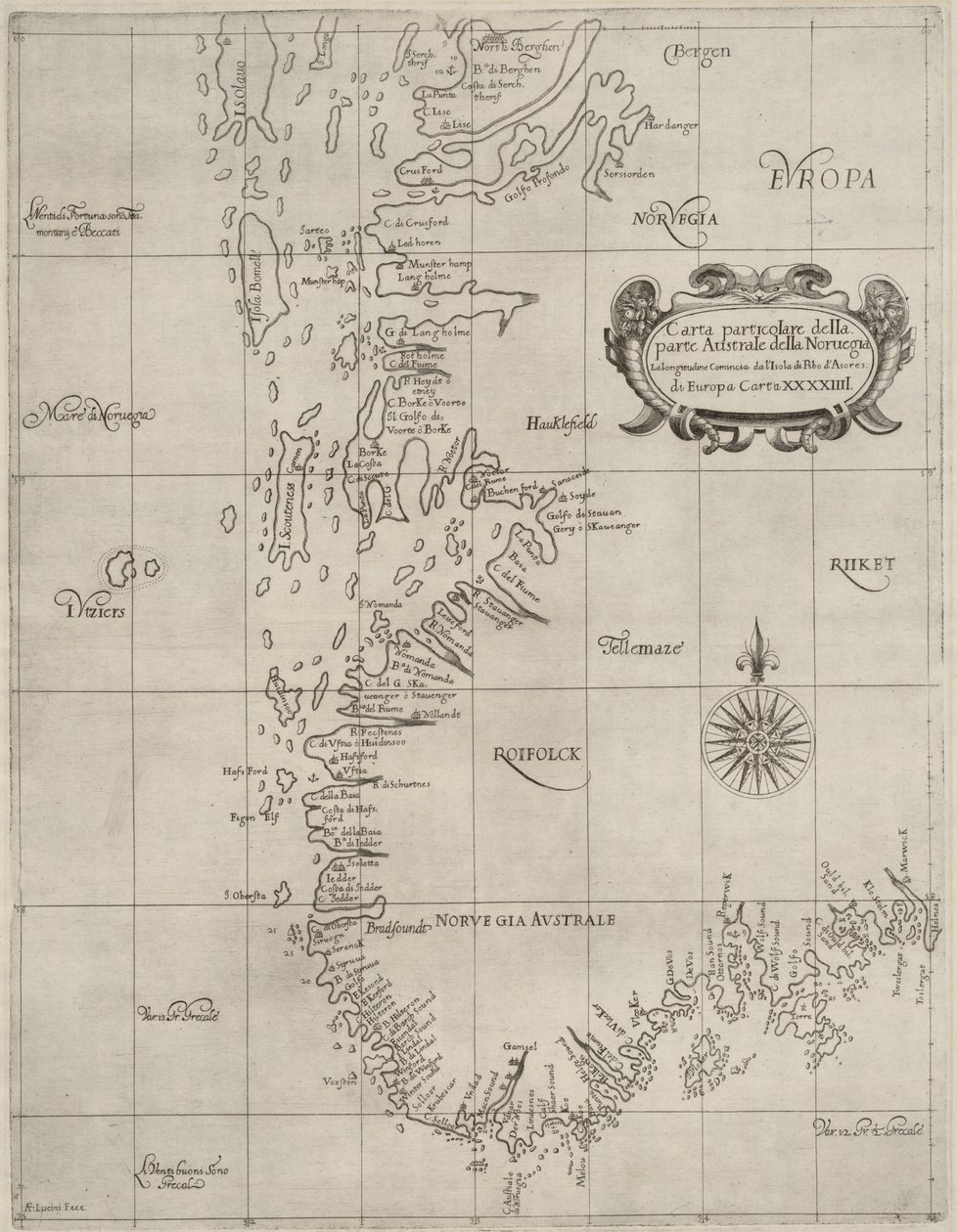 Kort fra Nationalbibliotekets kortsamling. Kortet blev offentliggjort i (ca. 1647) og viser det sydlige Norge, kysten, søkort af Robert Dudley