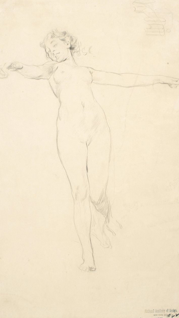 Skitse af stående kvindelig nøgen, muligvis til Moods to Music-vægmaleri, 1893-95 (grafit på buff-vævet papir) af Robert Frederick Blum