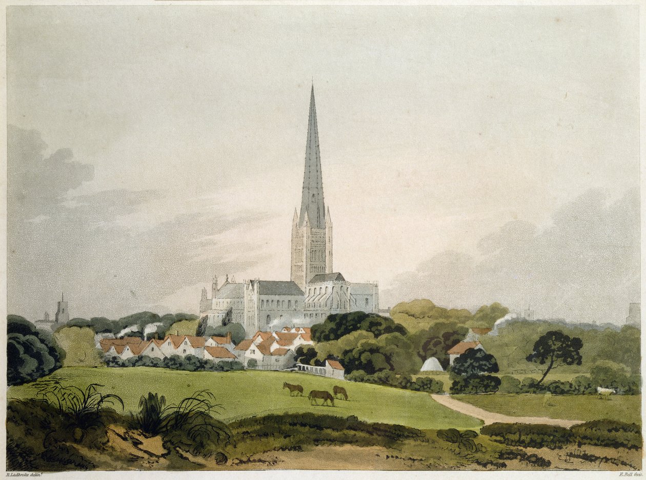 Norwich Cathedral, 1802, graveret af Edward Bell (fl.1794-1847) (tryk) af Robert Ladbrooke