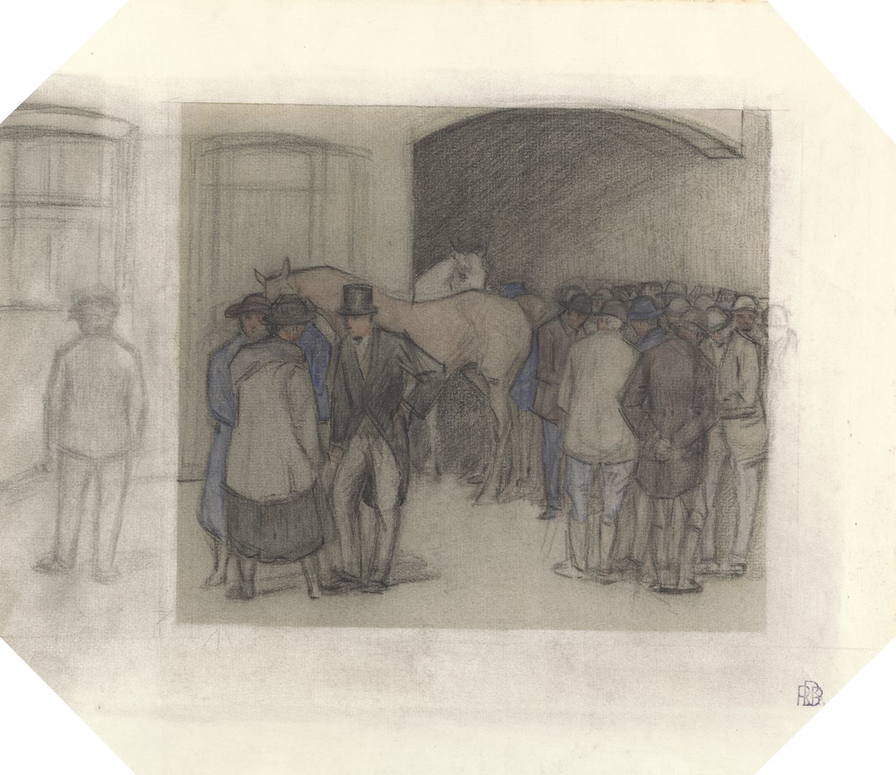 A Morning at Tattersalls (sort kridt & farvede vaske på papir) af Robert Polhill Bevan