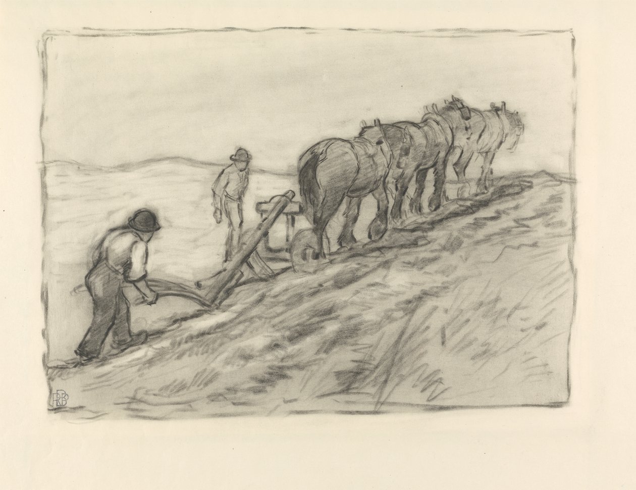 Ploughing the Hillside, ca. 1905 (sort farveblyant på papir) af Robert Polhill Bevan