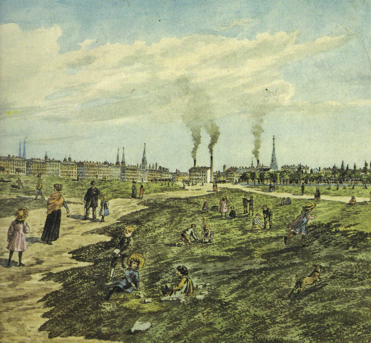 Schmelz som militær øvelsesplads og sted til leg og spadseretur. Østre udsigt (sektion) af Robert Schediwy after painting by M.Neubauer