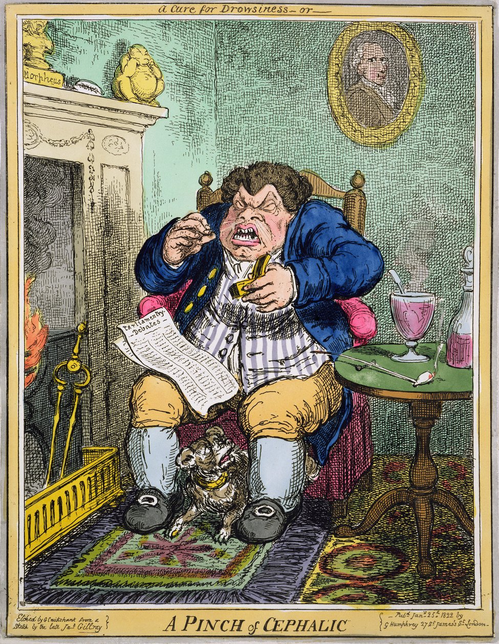 A Cure for Drowsiness or A Pinch of Cephalic, graveret af George Cruikshank (1792-1878), udgivet af G. Humphrey, 25. januar 1822 (farvet radering) af Robert Seymour