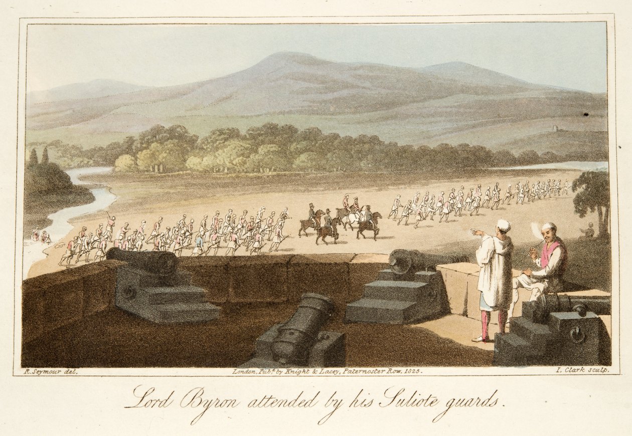 Lord Byron ledsaget af sine suliote-gardister, fra The Last Days of Lord Byron af William Parry, udgivet af William Parry, pub. 1825 (håndkoloreret gravering) af Robert Seymour