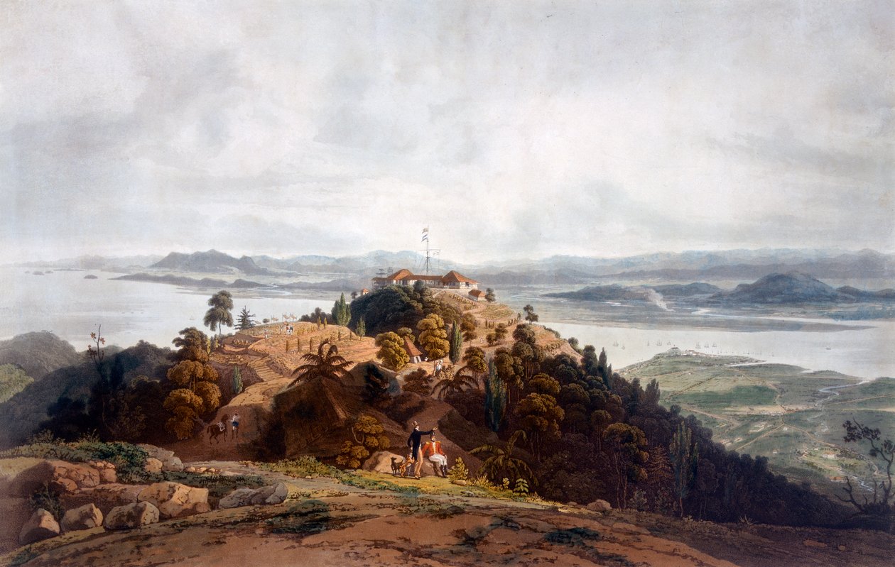 Panoramaskitse af Prince of Wales Island af William Daniell, c.1817 99:Penang; Pooloo Pinang; Malaysia; malaysisk landskab; c19th; British East India Company; militær post; Hej af Robert Smith