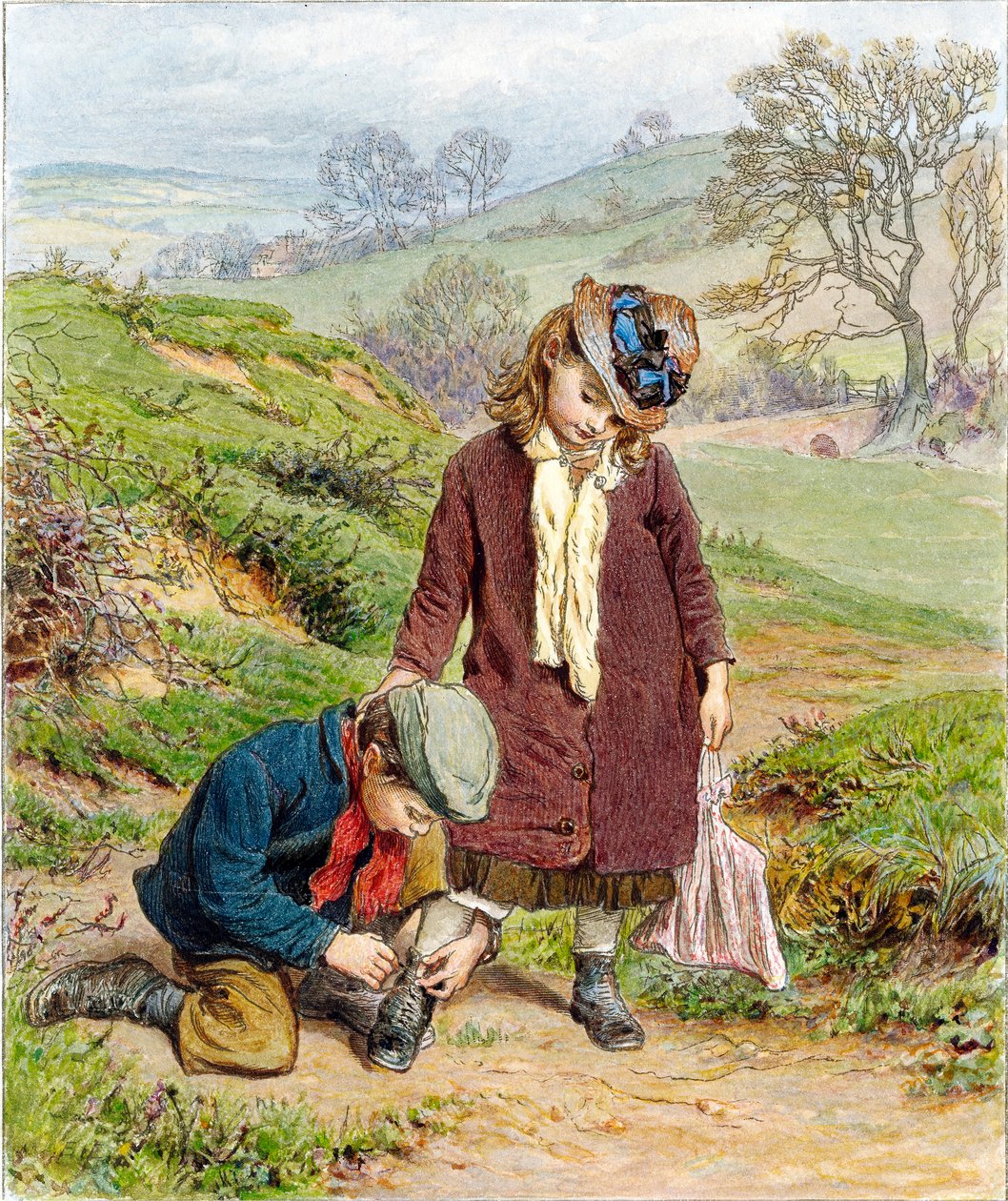 Bror binder sin søsters sko, pub. 1854. af Robert Barnes