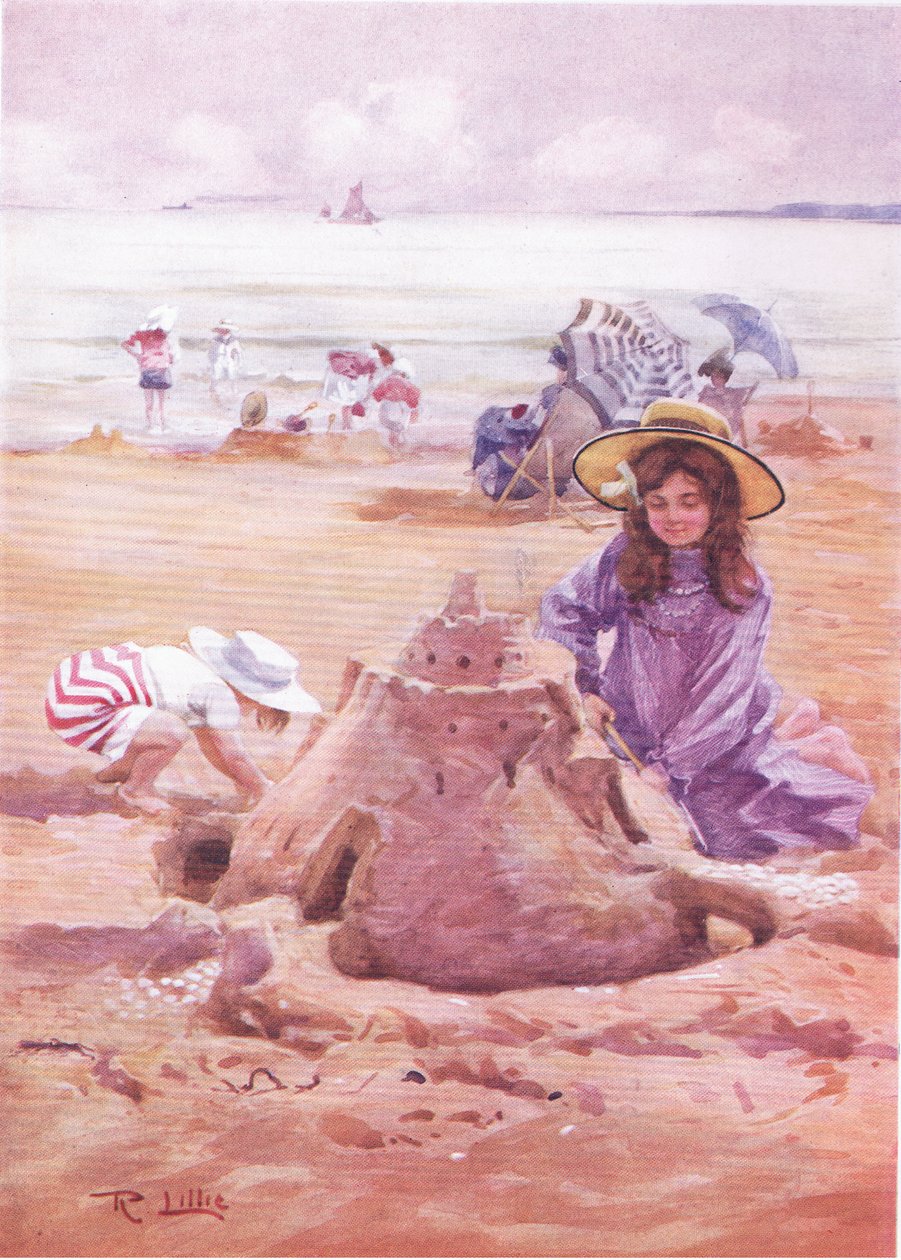 Bygning af sandslottet (farve litho) af Robert Lillie