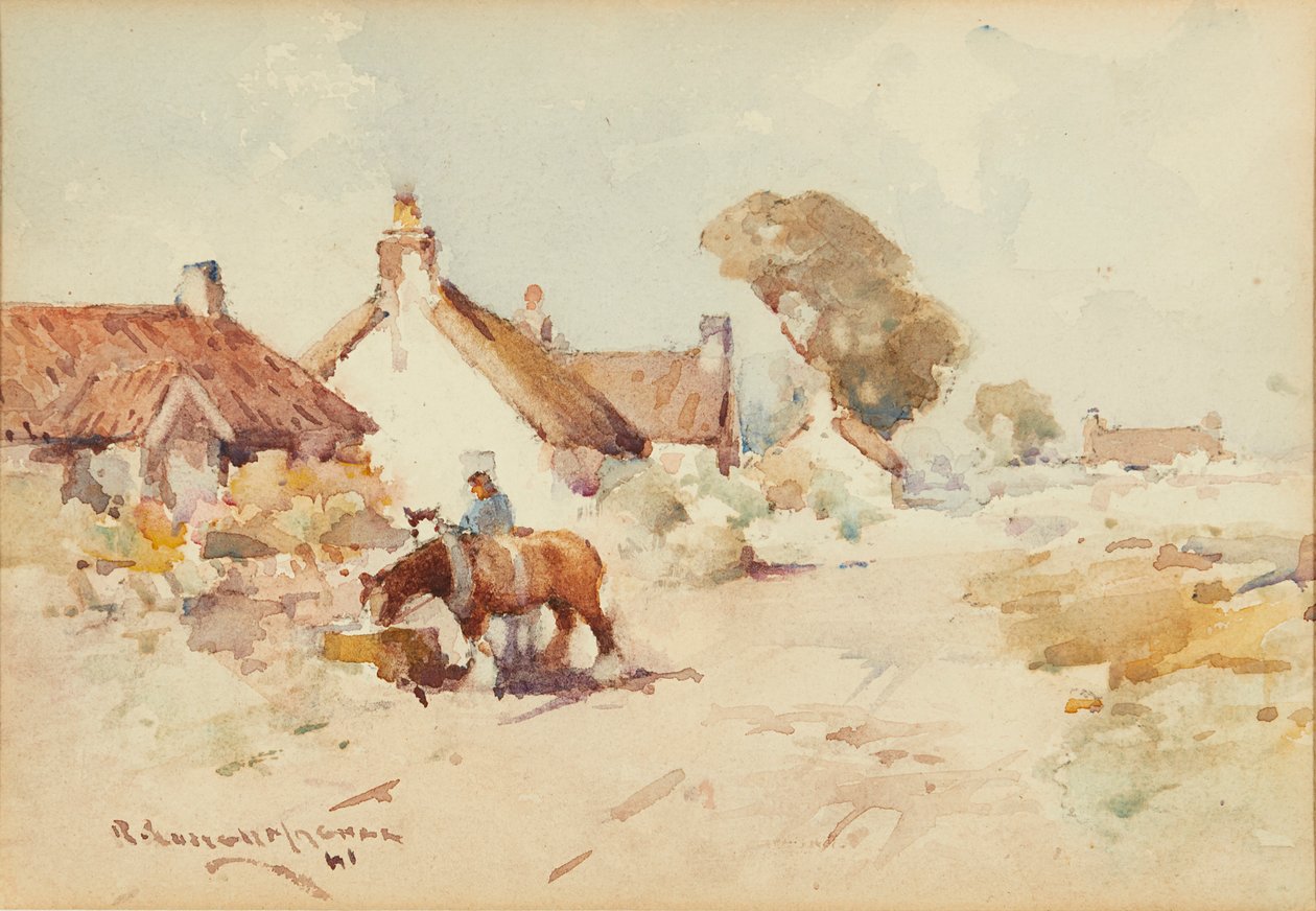Hest og vogn (akvarel) af Robert Russell MacNee