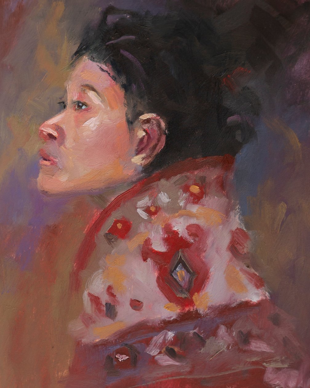 The Carpet Lady, 2023 (olie på papir) af Roberta Murray