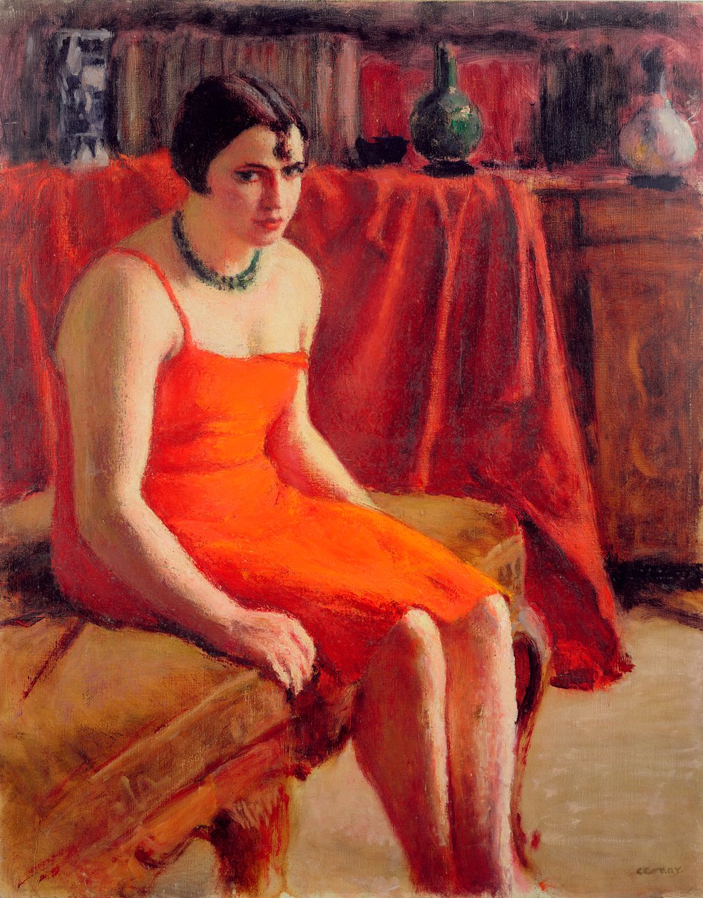 Siddende kvinde i en rød kjole, 1929 af Roderic O Conor