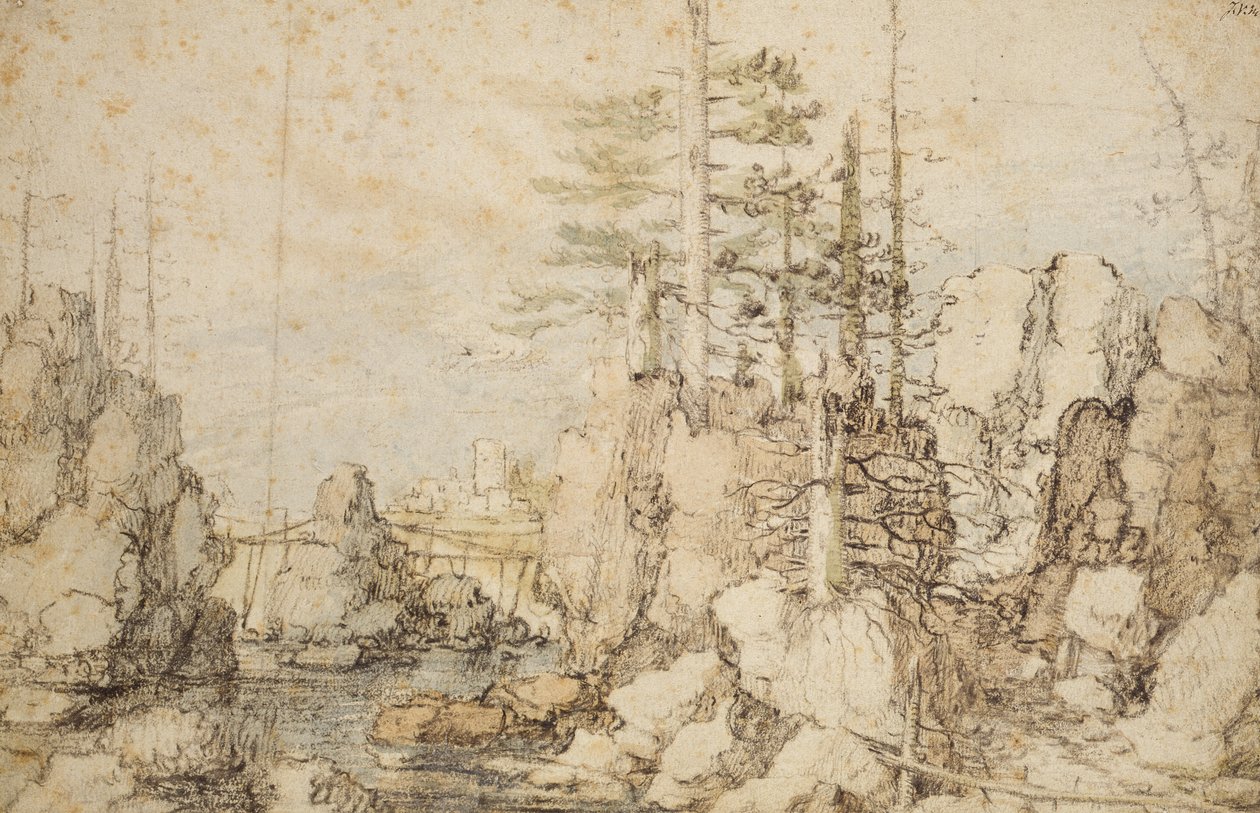 Skovklædt og stenet landskab, ca. 1606-07 (sort og farvet kridt og wc på papir) af Roelandt Jacobsz. Savery