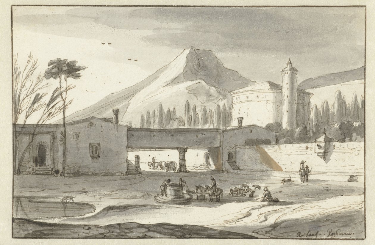 Bjergrigt, italiensk landskab med en rotundekirke af Roelant Roghman