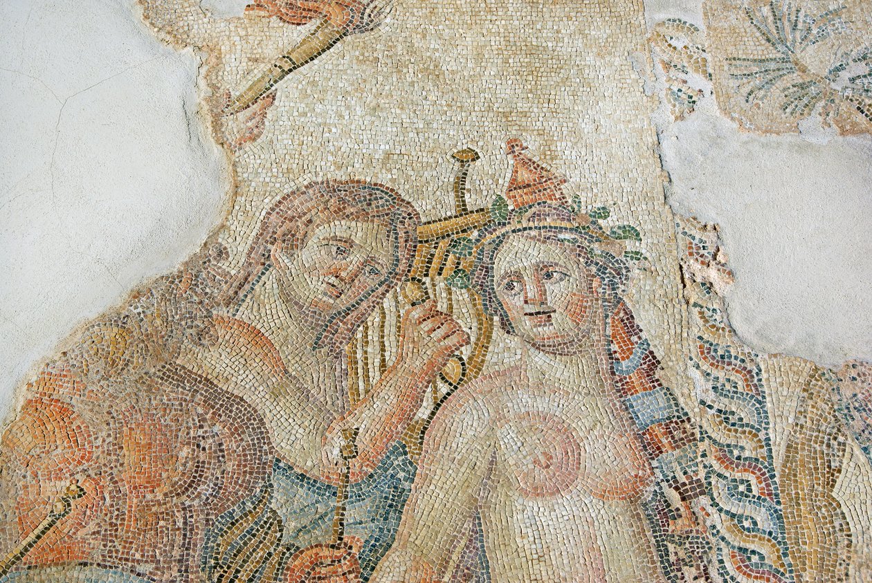 En kentaur charmerer en Maenad, detalje fra The Triumphant Procession of Dionysos, House of Aion, Paphos, Cypern (mosaik) af Roman