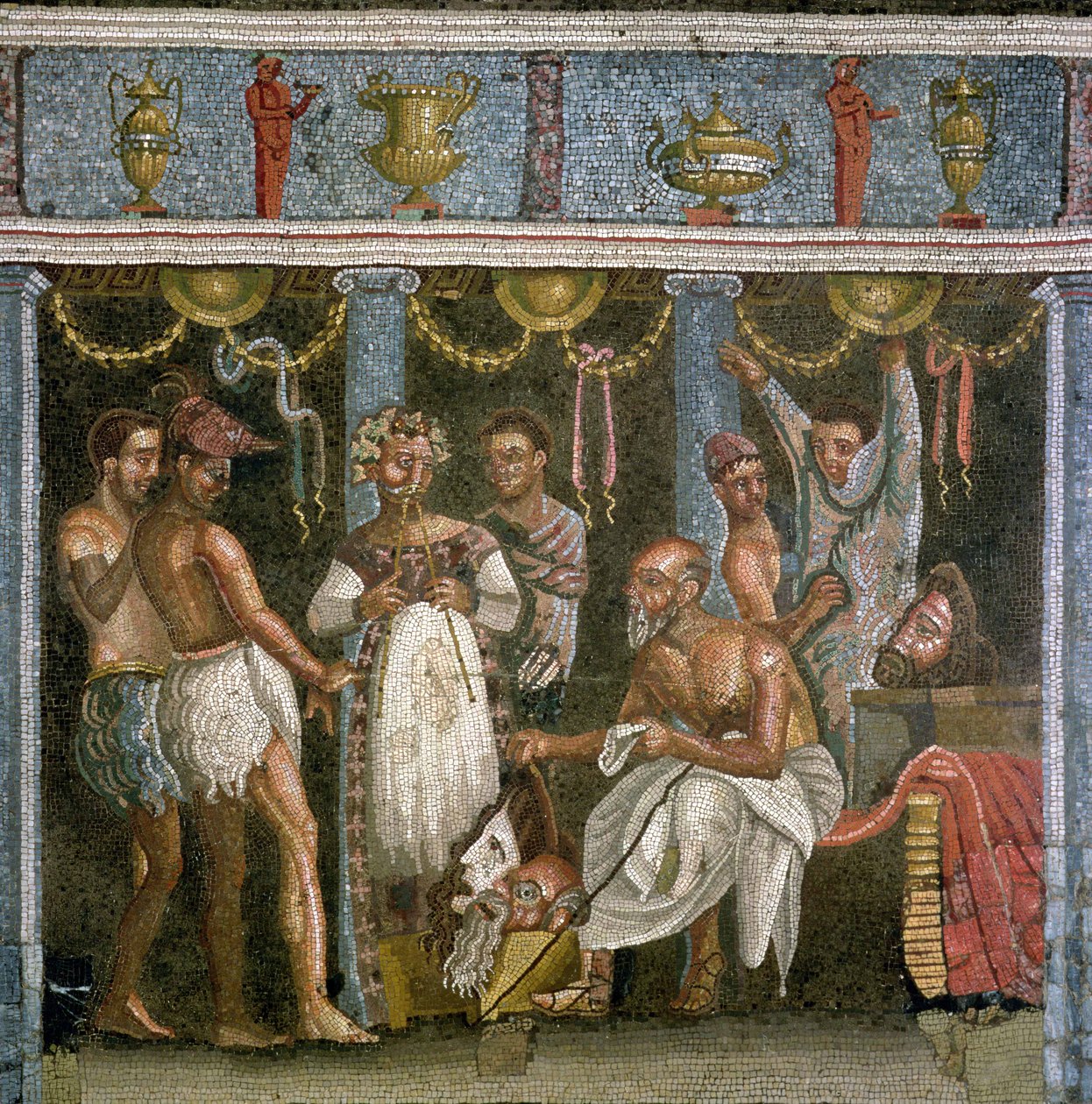 Skuespillere øver sig til et satyrspil, ca. 62-79 e.Kr. (mosaik) af Roman