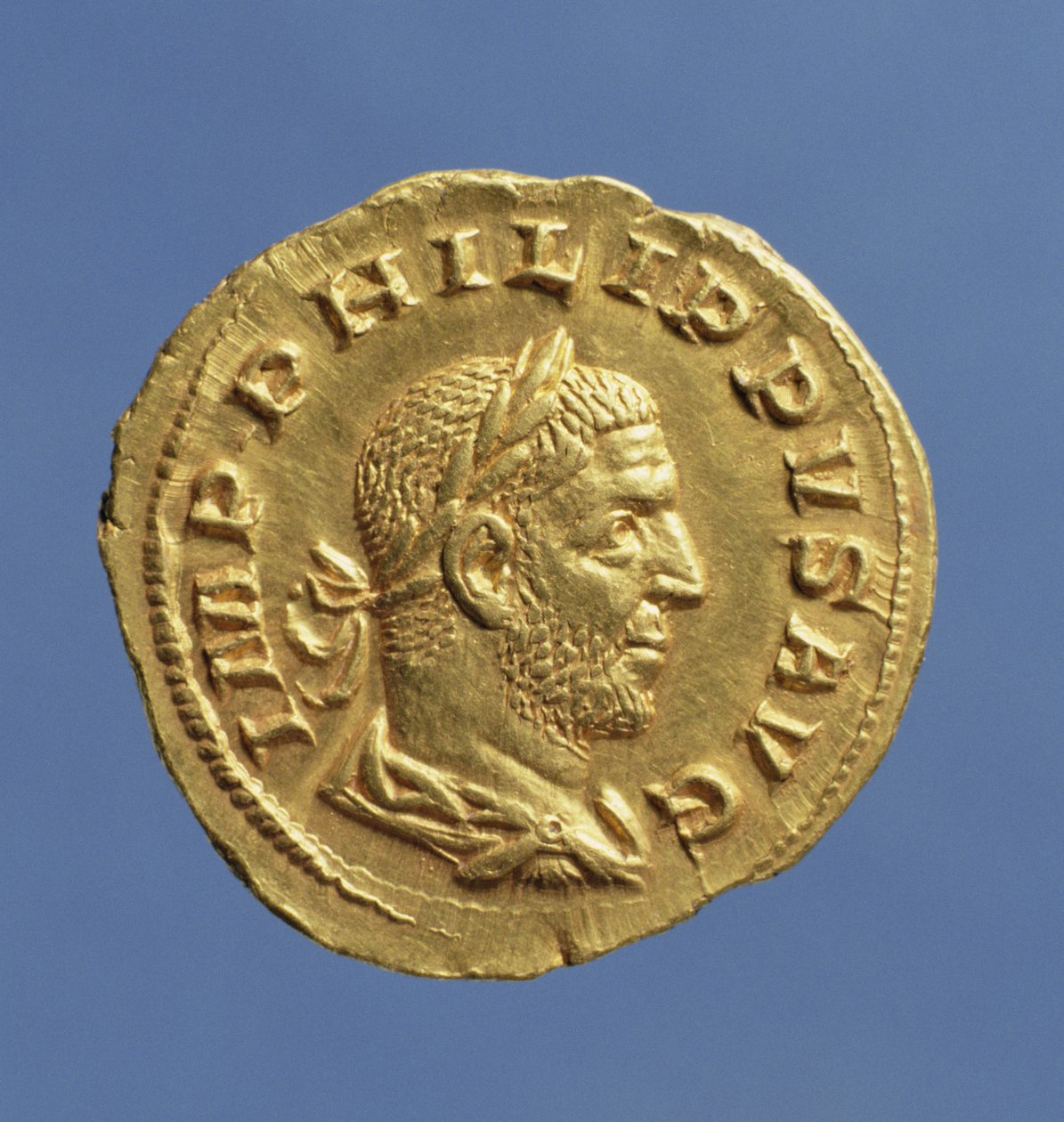 Aureus (forside) af Filip den araber (244-249) draperet, cuirassed, iført en laurbærkrans. Indskrift: IMP PHILIPPVS AVG (guld) af Roman