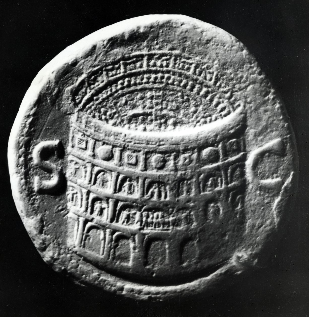 Messing Sestertius viser en luftfoto af Colosseum, ca. 80-81 e.Kr. (messing) af Roman