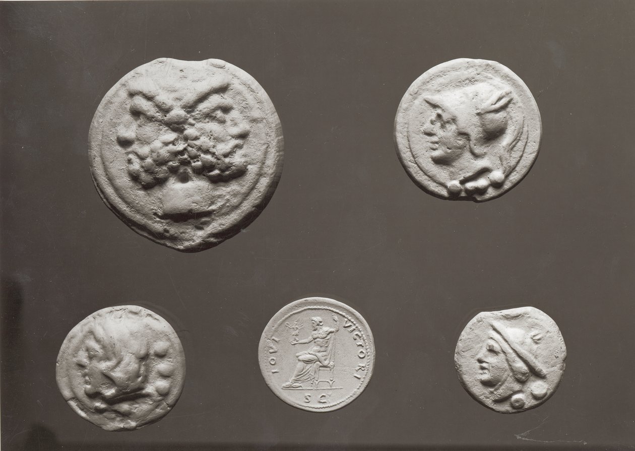 Fem mønter med Janus, Jupiter, Merkur og Minerva, 753 f.Kr.-476 e.Kr. (metal) af Roman