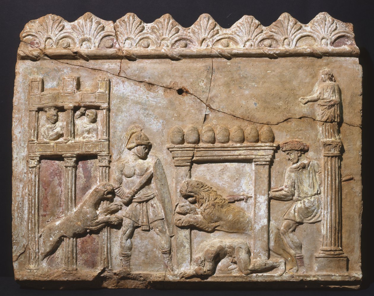 Løver og gladiatorer i arenaen (terracotta) af Roman
