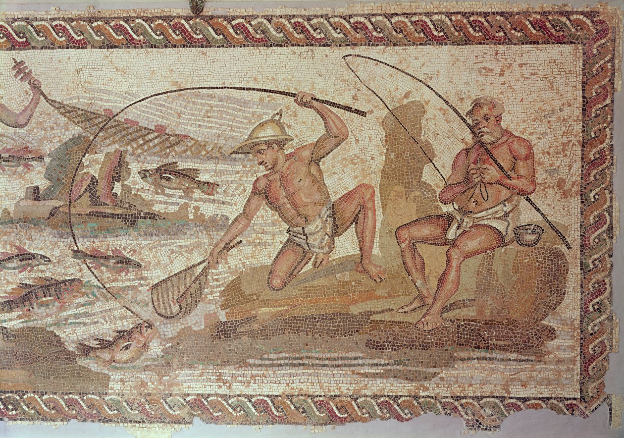 Mænd, der fisker på Nilen, fra Villa Nile, Leptis Magna (mosaik) af Roman
