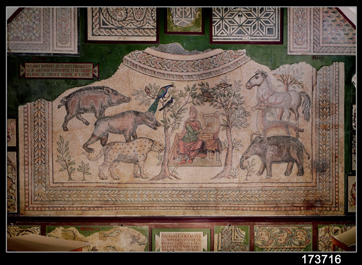 Orpheus charmerer dyrene, fra stedet for Blanzy (mosaik) (se også 37337) af Roman