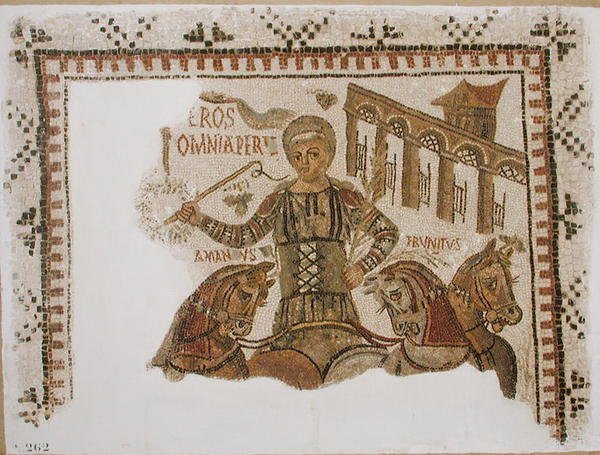 Brosten med en fremstilling af stridsvognsmanden Eros på sin quadriga, fra Dougga, Tunesien (mosaik) af Roman