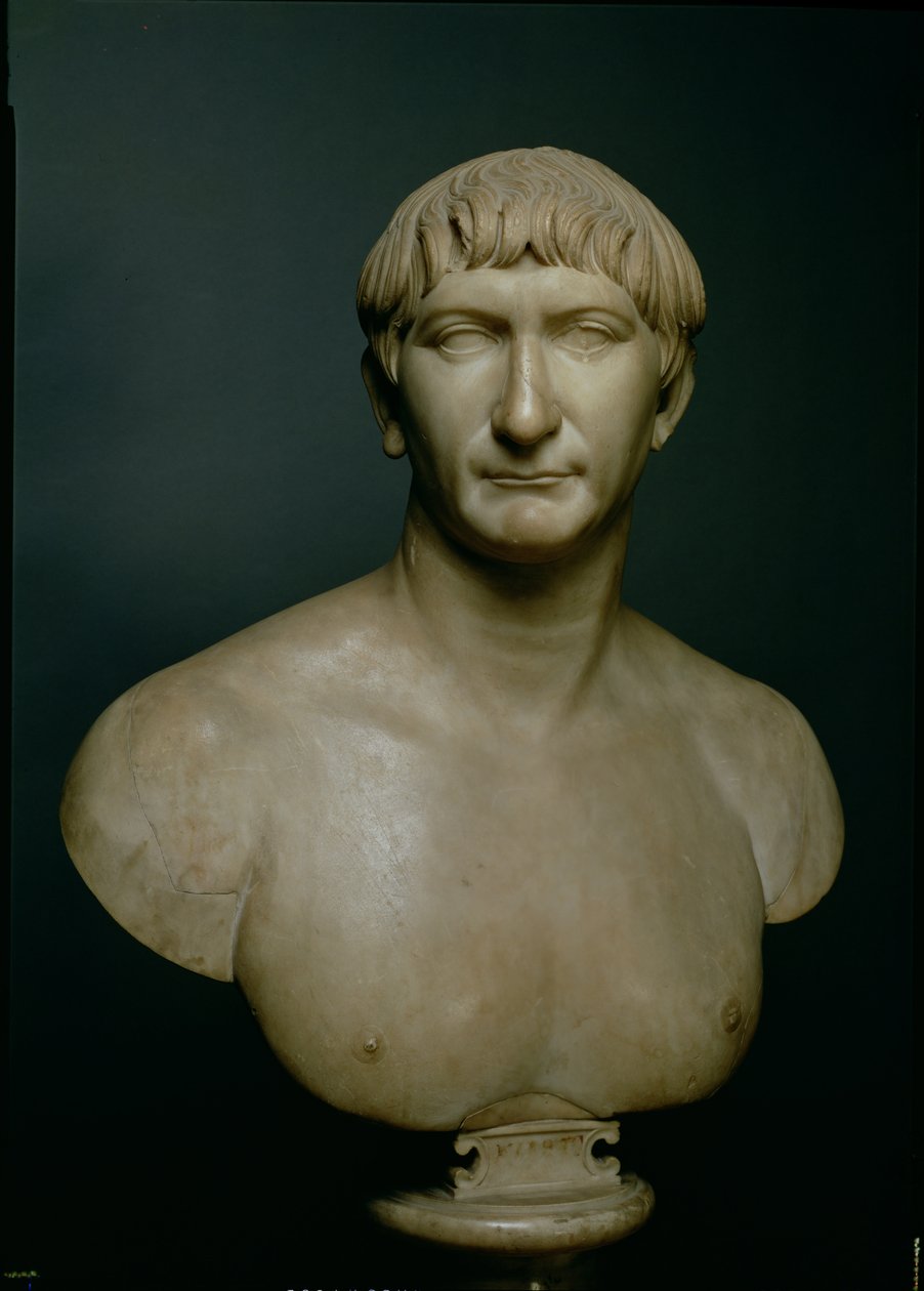 Portrætbuste af kejser Trajan (53-117 e.Kr.) 1.-2. århundrede e.Kr. (marmor) af Roman