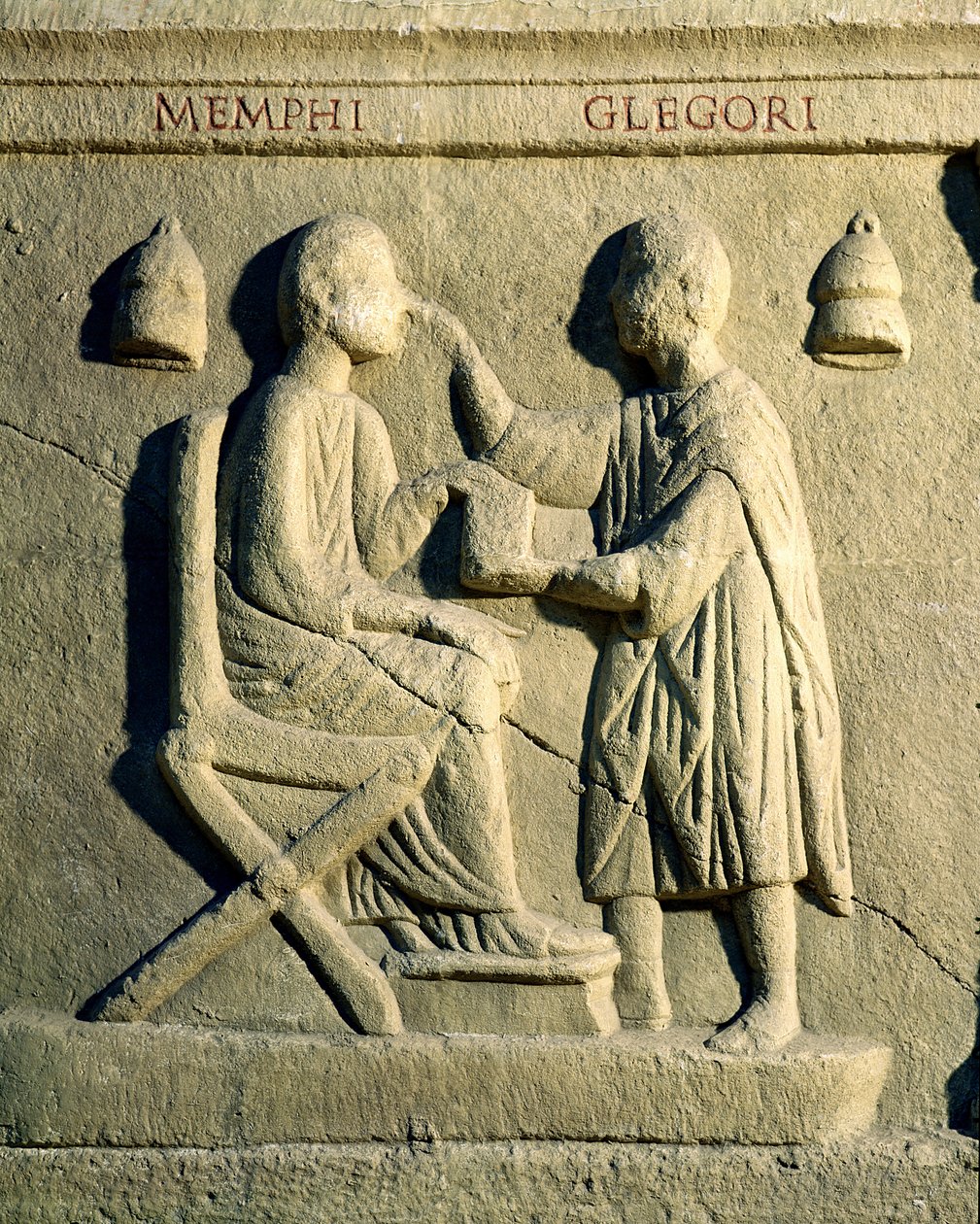 Relief, der viser en øjenlæge, der undersøger en patient af Roman