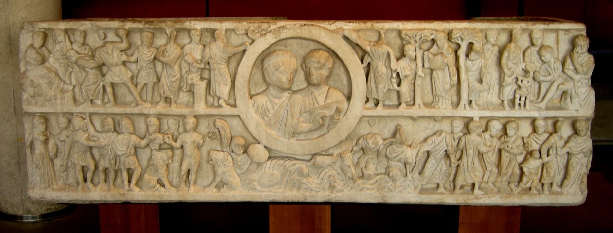 Sarkofag af et par med scener fra Det Gamle og Nye Testamente (marmor) af Roman