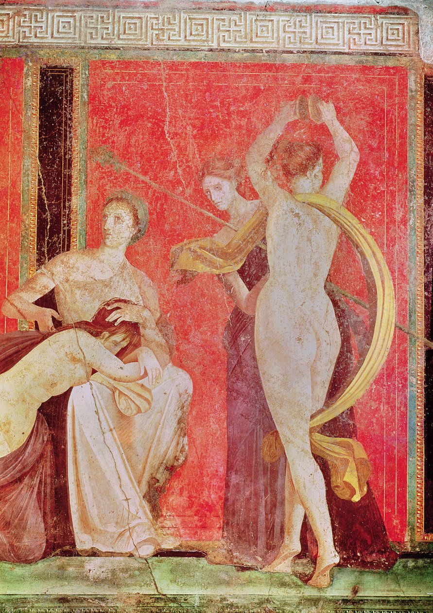 Pisket kvinde og danser med bækkener, South Wall, Oecus 5, 60-50 f.Kr. af Roman