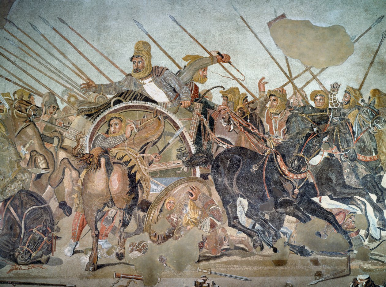 Alexander-mosaikken, detalje, der viser Darius III 399-330 f.Kr. ved slaget ved Issus mod Alexander den Store 356-323 f.Kr. i 333 f.Kr. mosaikdetalje fra 154003 af Roman