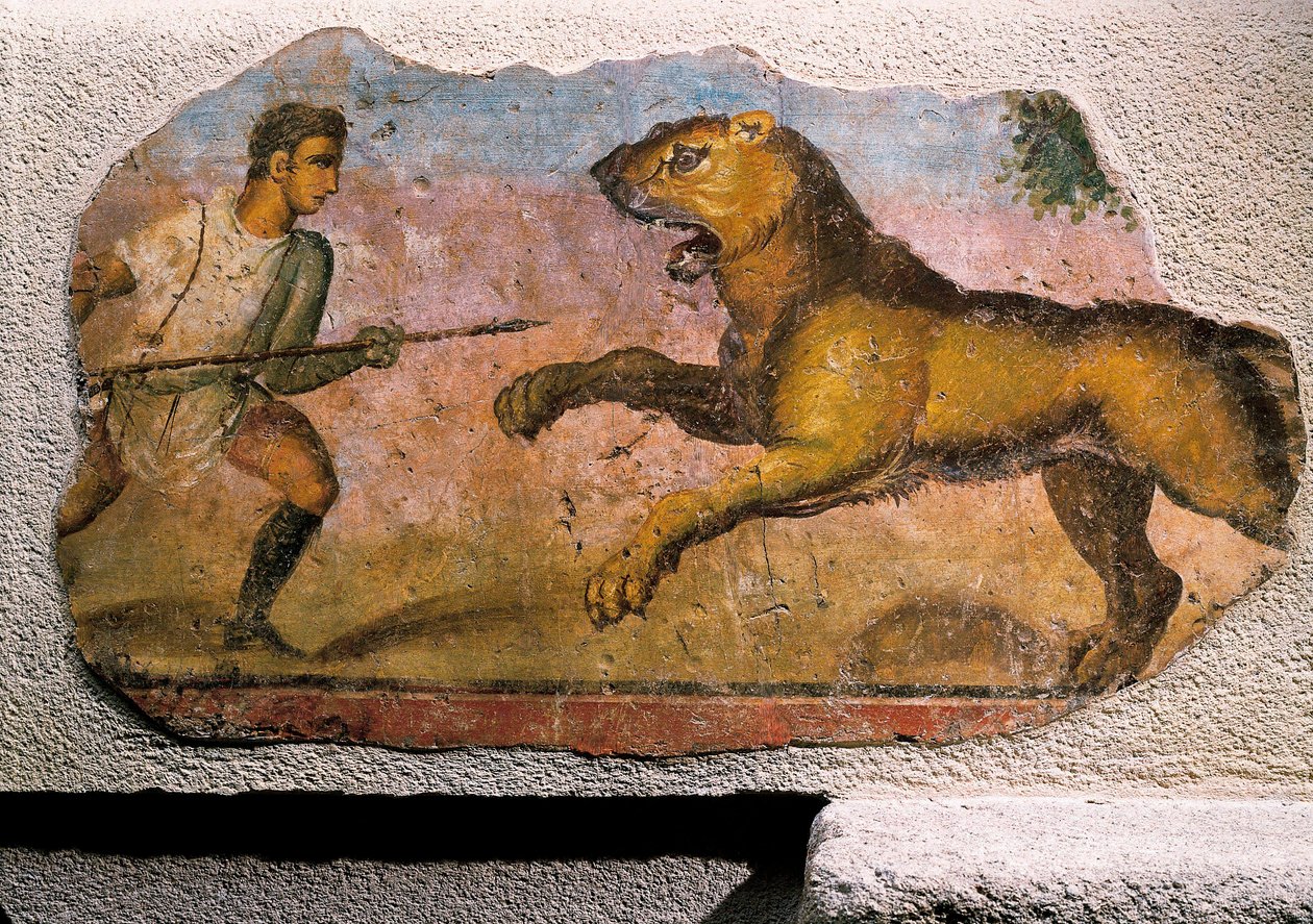 Gladiator kæmper mod en løve (fresco) af Roman Roman