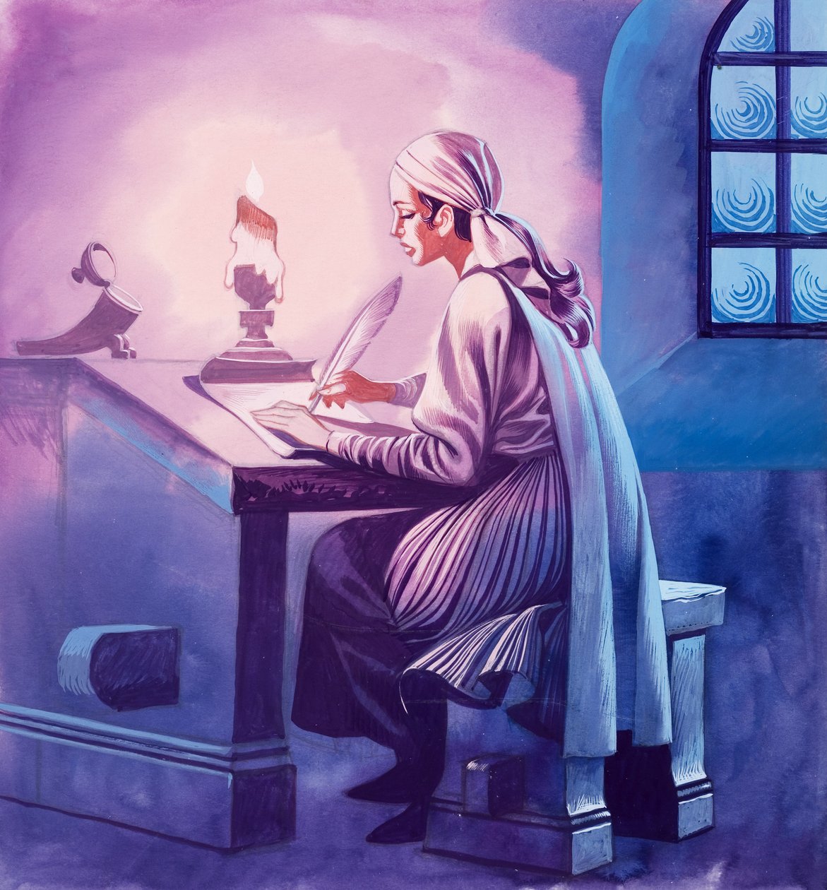 Pige, der skriver et brev (gouache på papir) af Ron Embleton