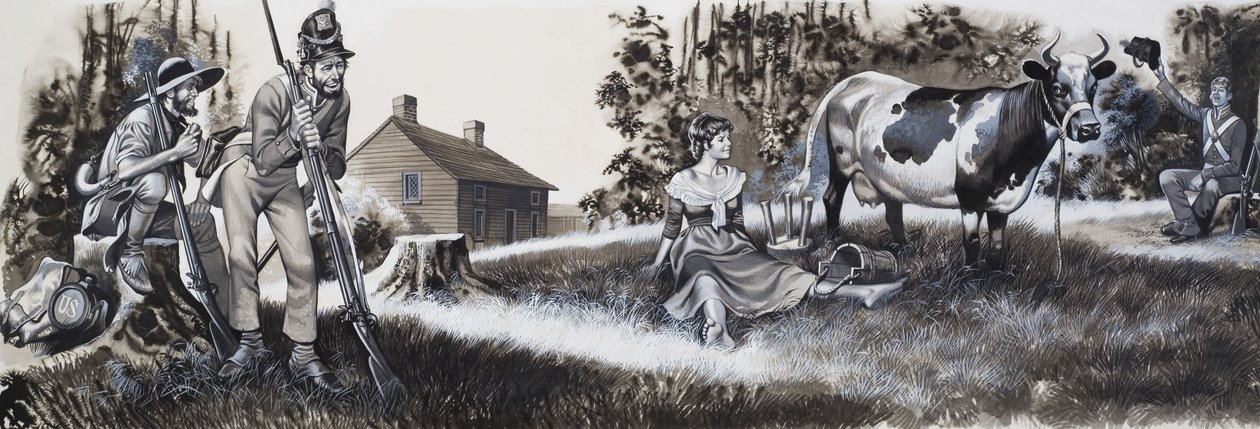 Mælkepige med soldater (gouache på papir) af Ron Embleton