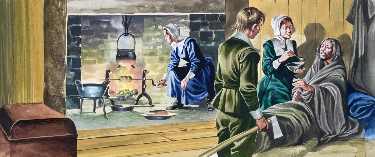 Pilgrimsfædrene i halvbyggede huse af Ron Embleton