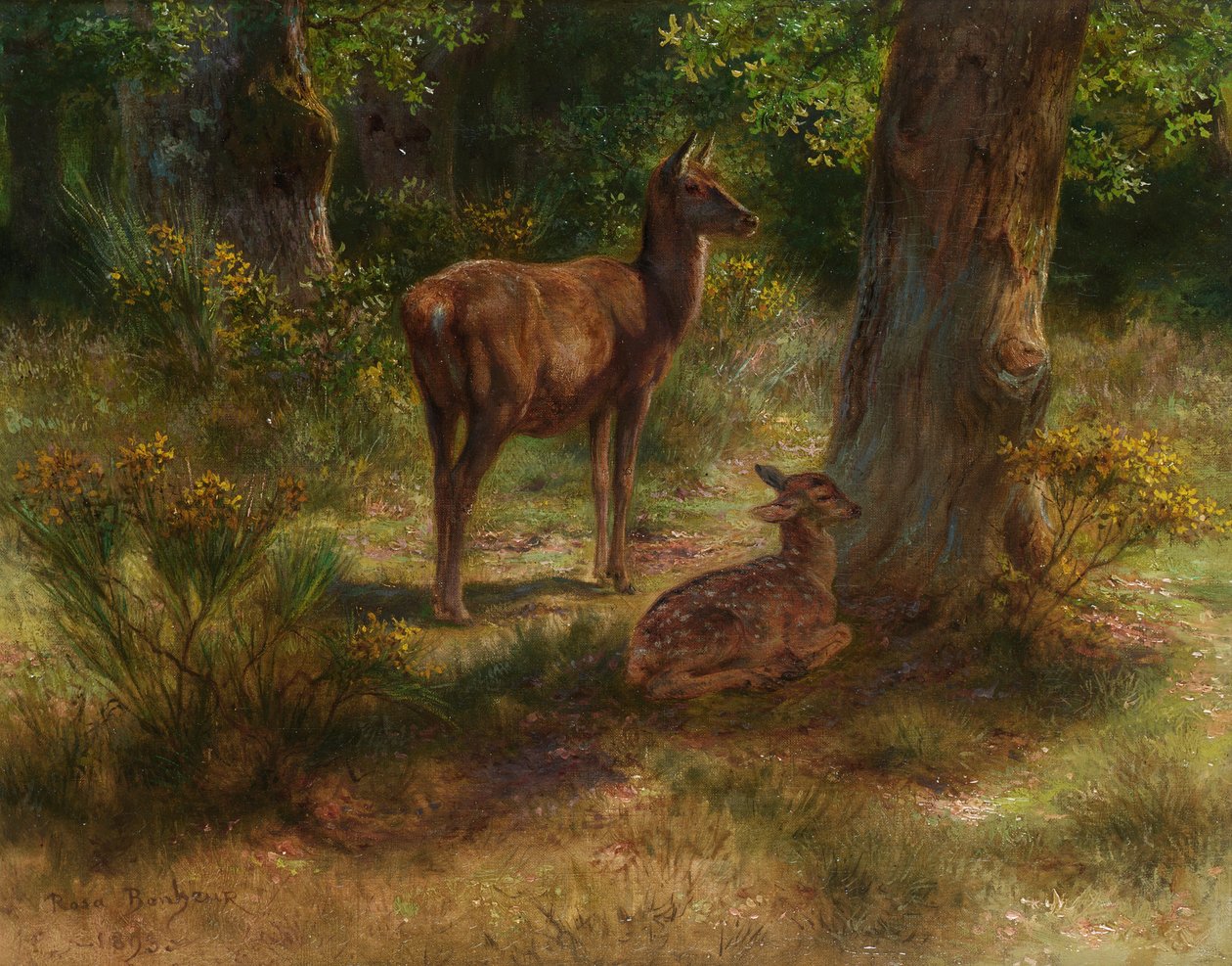 Rådyr og fawn i et træ af Rosa Bonheur