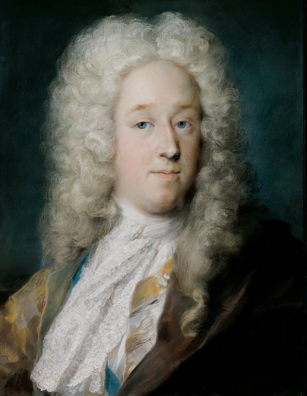 En herre i en guldmønstret frakke og violetbrun kap (ca. 1727) af Rosalba Giovanna Carriera