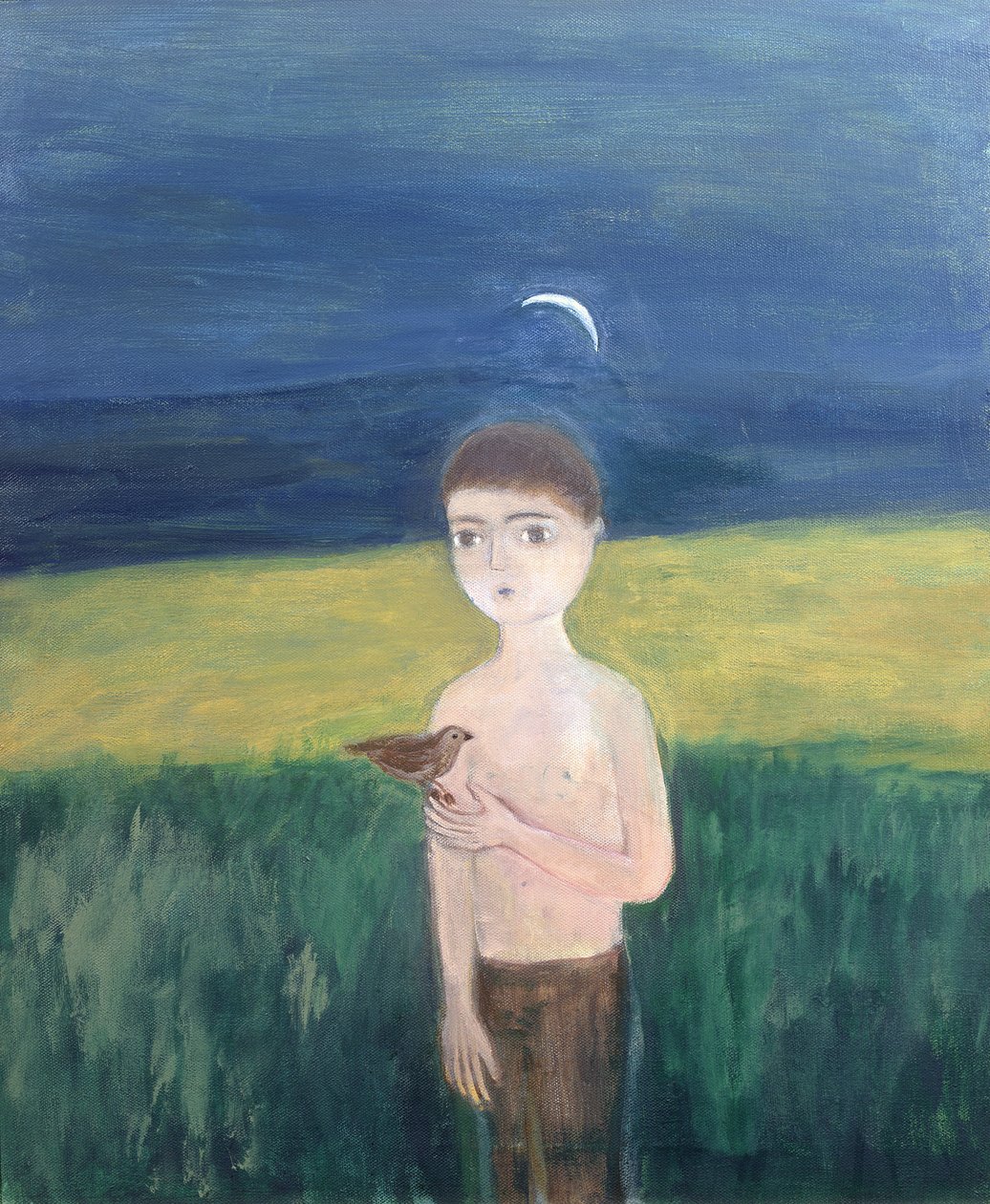 Boy with Bird, 2002 (akryl på lærred) af Roya Salari