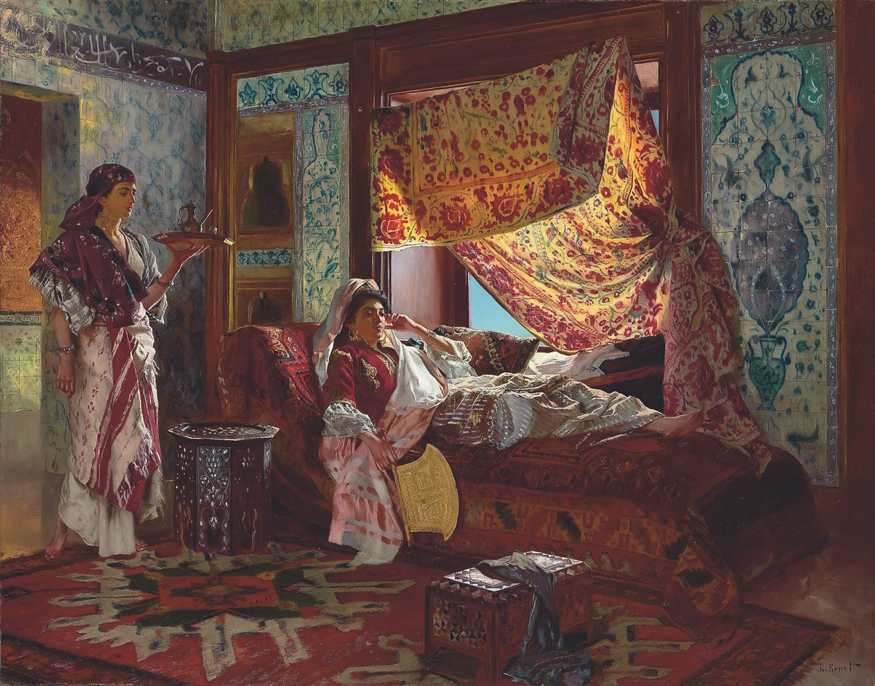 Drikker te i Harem. af Rudolf Ernst
