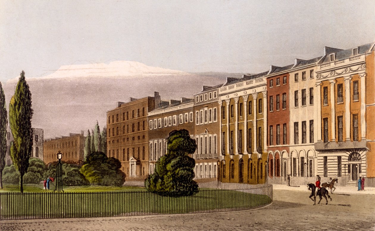 Udsigt over Portman Square, North Side, 1816 (gravering og akvatinte) af Rudolph Ackermann