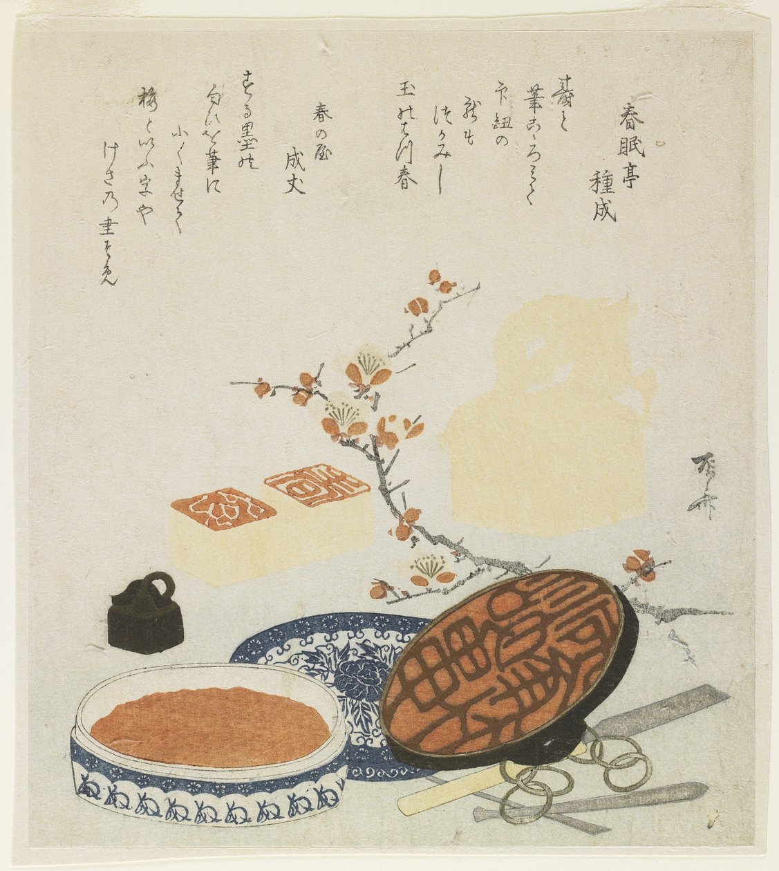 (Sætninger, udskæringsværktøj, porcelænsblækboks og blommegren), 1820 af Ryuryukyo Shinsai