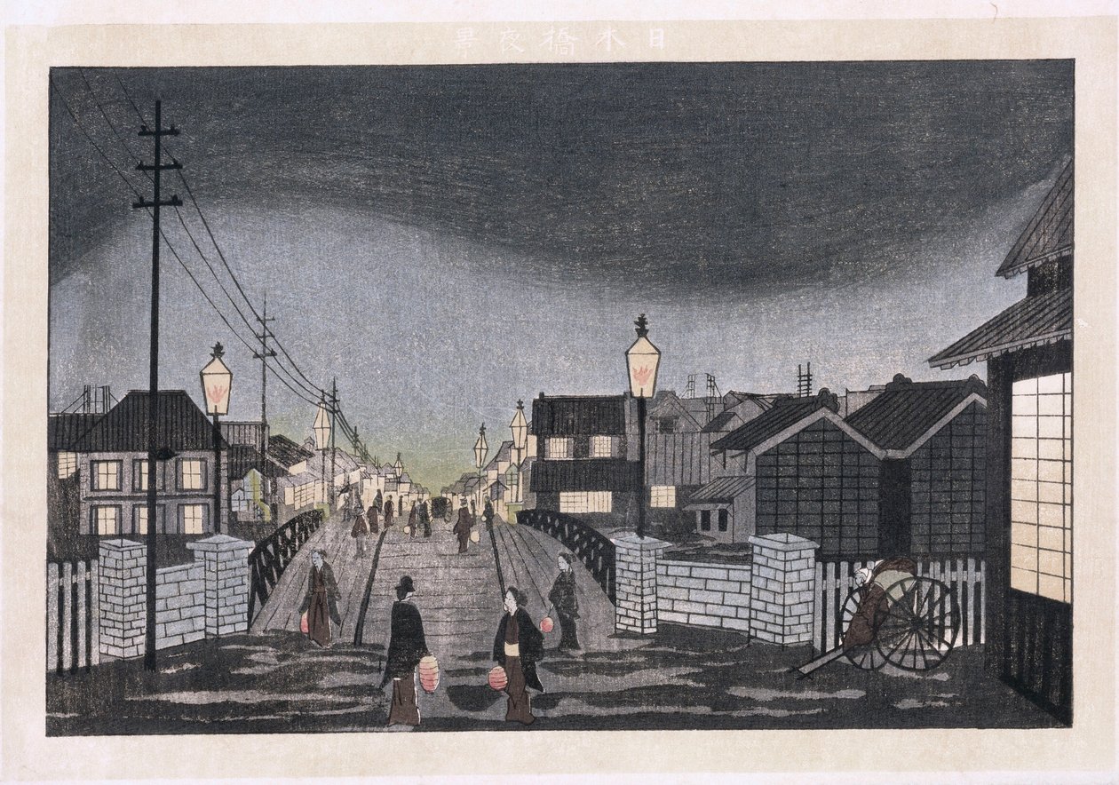 Night View, Nihonbashi (træbloktryk i farver) af Ryuson Ogura