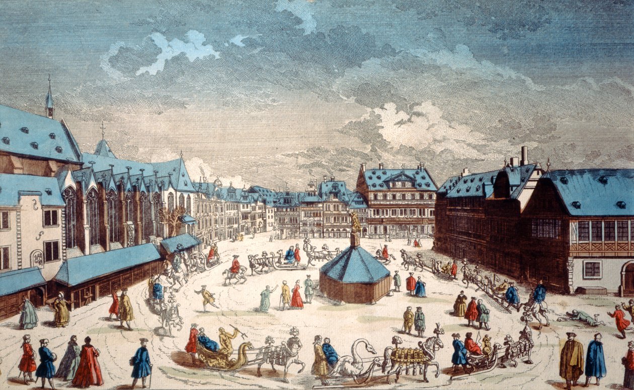 Udsigt over Liebfrauenberg-pladsen om vinteren, Frankfurt am Main, 1738 af Salomon Kleiner