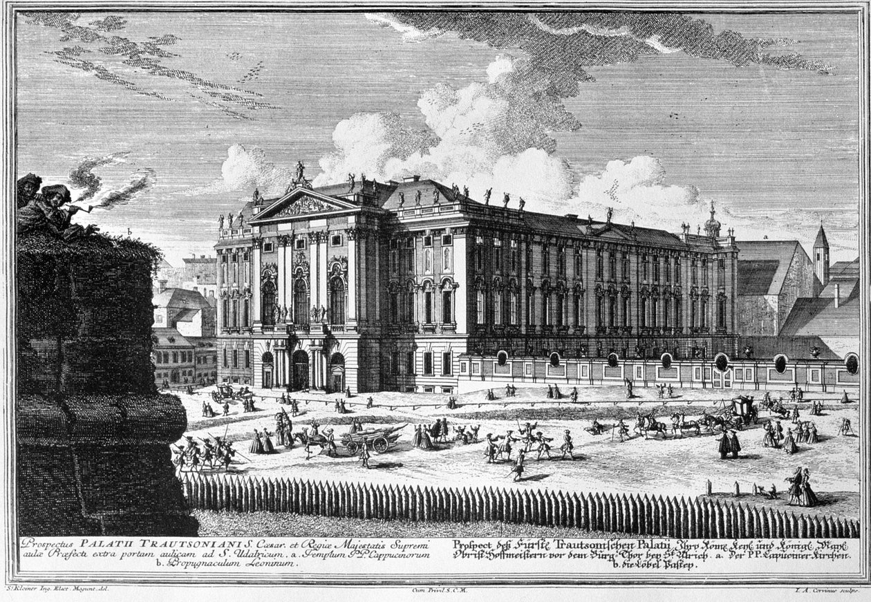 Udsigt over Trautson-paladset bygget til grev Johann Leopold Donat Trautson, designet af Johann Bernard Fischer von Erlach (1656-1723) i 1710, indgraveret af Johann-August Corvinus (1683-1738) af Salomon Kleiner