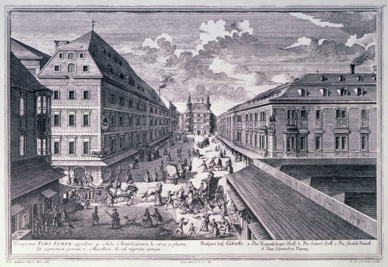 Udsigt over Fori Lubek graveret af Johann-August Corvinus (1683-1738) af Salomon after Kleiner