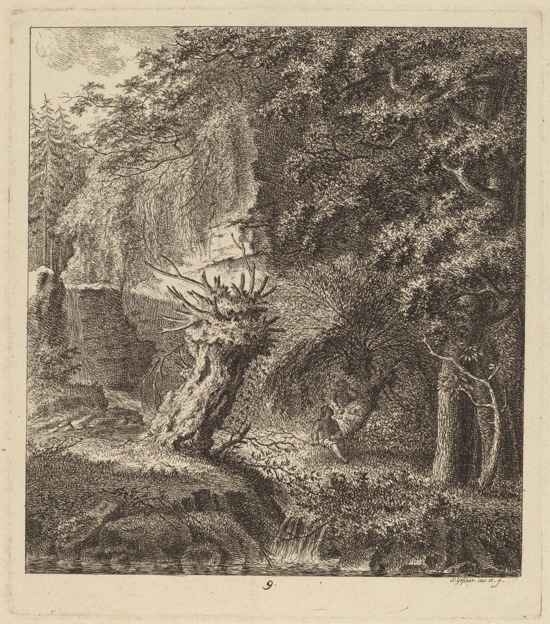 Skovklædt landskab med et pollardet træ, 1764. af Salomon Gessner