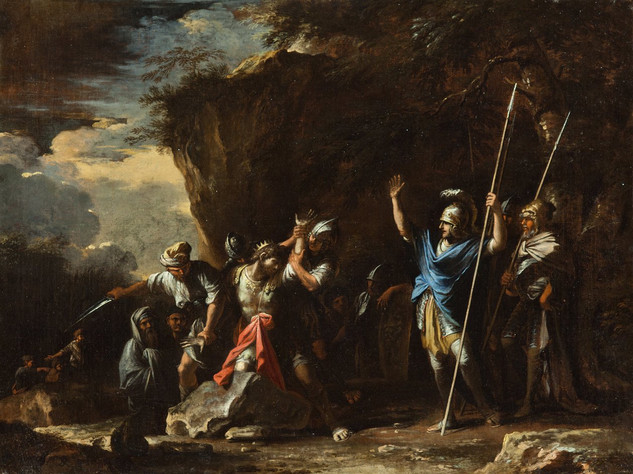 Scene fra græsk historie- Den døve-stumme søn af kong Croesus forhindrer perserne i at dræbe hans f ... af Salvator Rosa